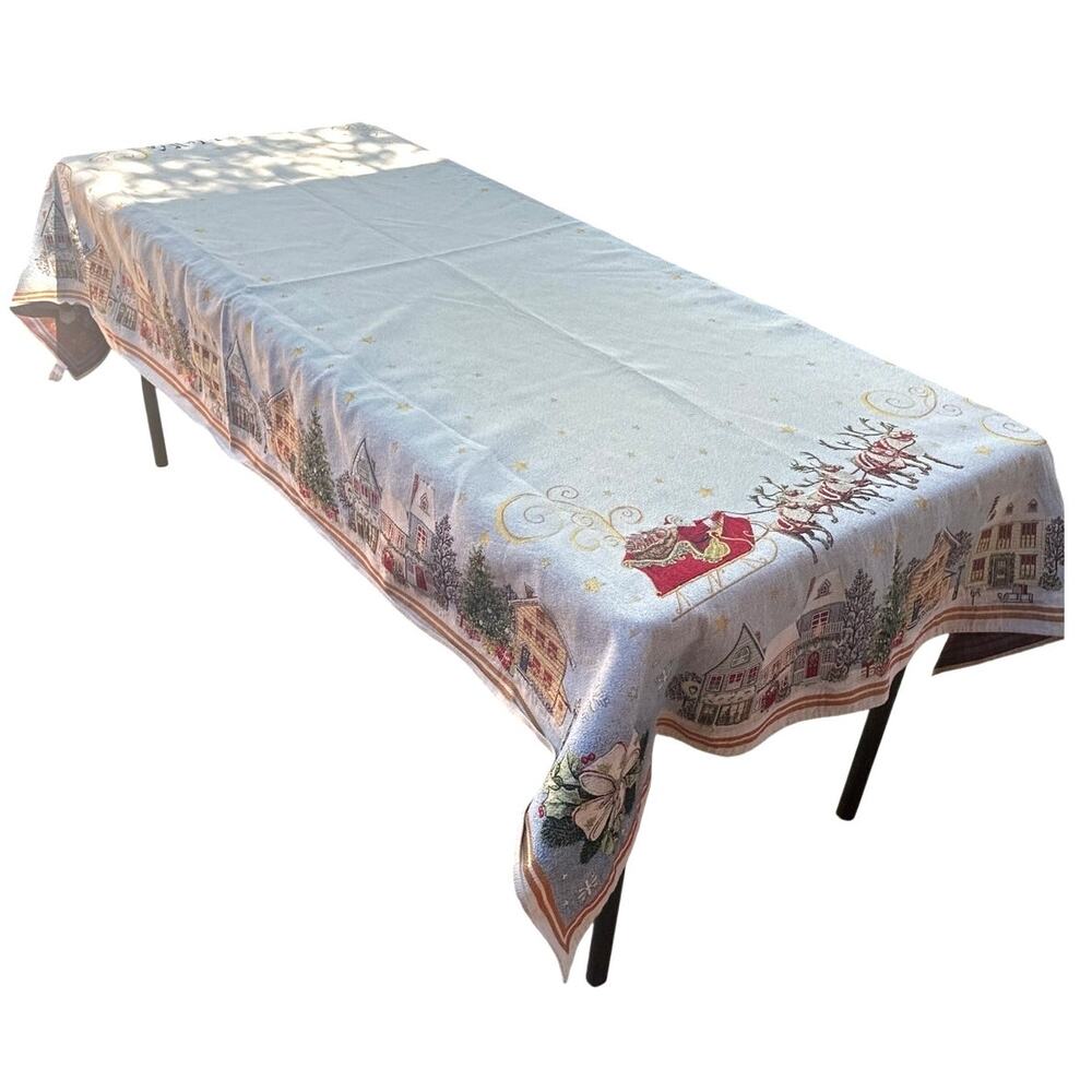 Christmas Tapestry Tablecloth Santa Sleigh Village Holiday Rectangular